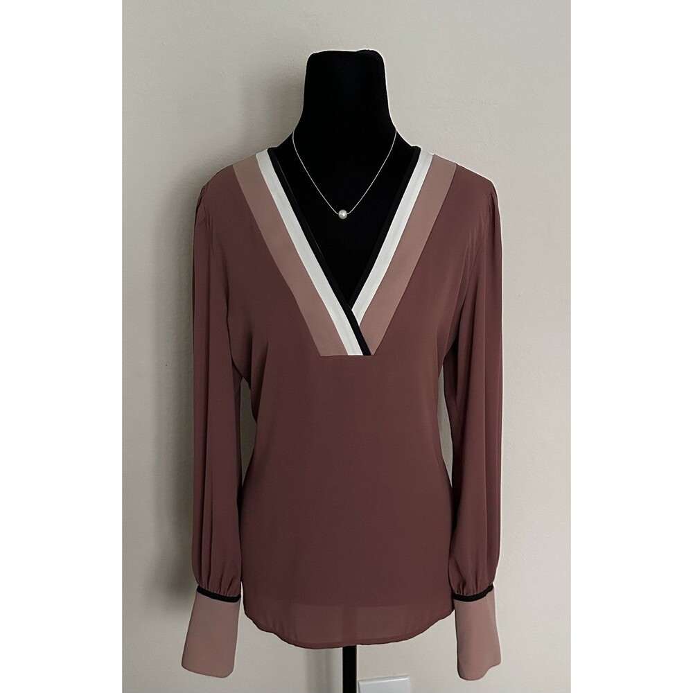 Express Women's Color-Block V-Neck Blouse - Size M - Mauve Taupe- Long Sleeve - Picture 2 of 16